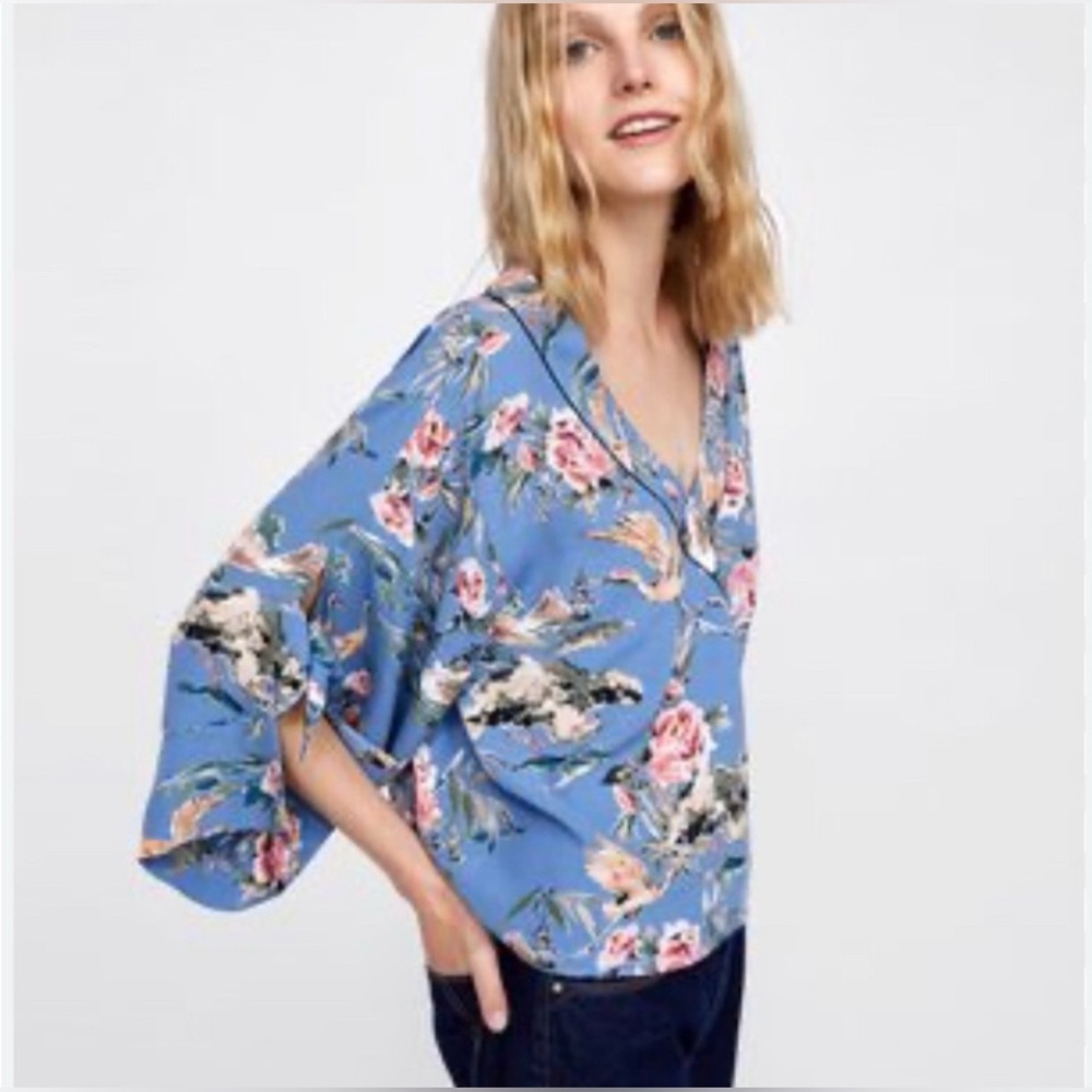 Zara kimono Japanese top oversized M blue boxy retro
